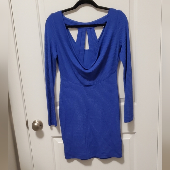2/$50 blue cowal neck with interesting back fitted knit dress - Picture 2 of 10